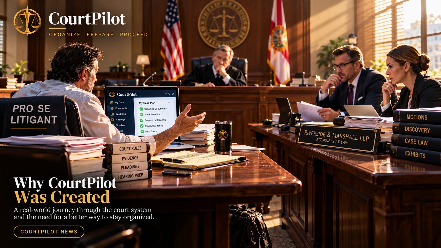 Self-represented litigant using CourtPilot while presenting a case against two opposing attorneys before a judge.