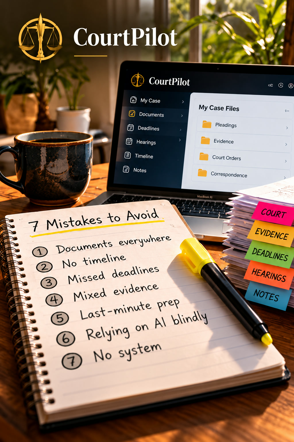 CourtPilot case organization dashboard beside a notebook highlighting seven common mistakes self-represented litigants should avoid.